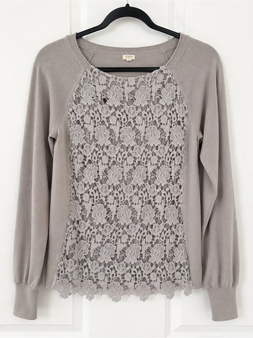 J. Crew Lace-Front Crewneck Sweater in Light Gray